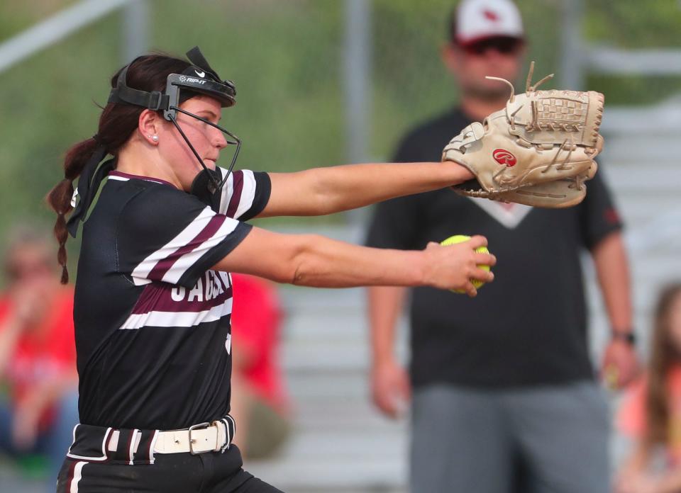 Appoquinimink's Savannah Laird delivers a pitch in the Jaguars' 7-2 win against Conrad in the DIAA state tournament opening round, Tuesday, May 23, 2023 at Appoquinimink.