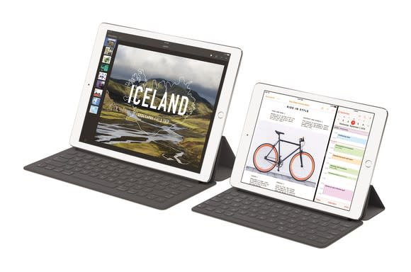 Apple's iPad Pro tablets with keyboards attached.