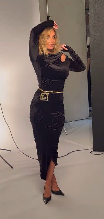 louise redknapp black velvet dress posing photoshoot