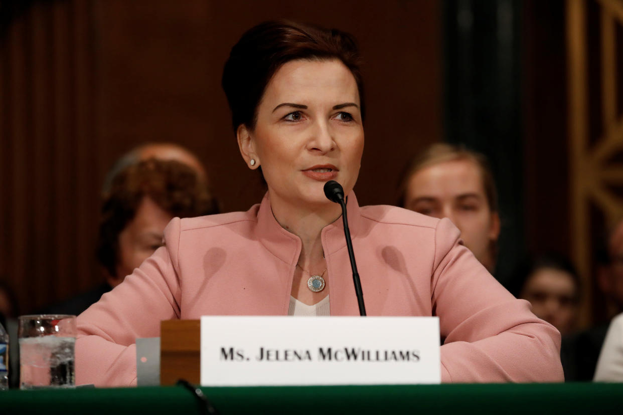 Jelena McWilliams, nominee to be chairperson of the Federal Deposit Insurance Corporation, speaks during a Senate Banking Committee hearing on Capitol Hill in Washington, U.S. January 23, 2018. REUTERS/Aaron P. Bernstein