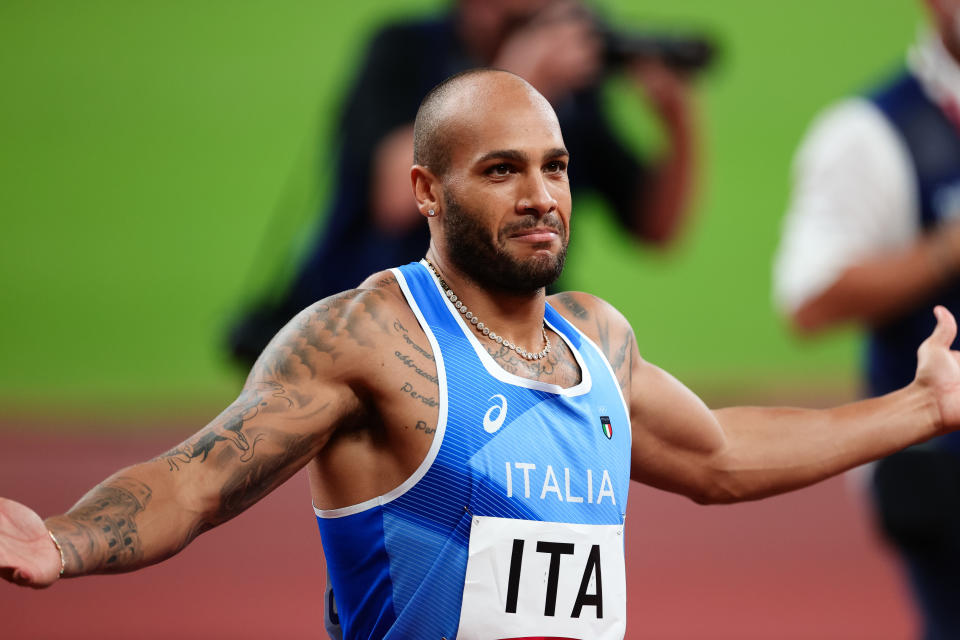 Lamont Marcell Jacobs of during the Men's 4 x 100m Relay Final on Day 14 of the Tokyo 2020 Olympic Games at Olympic Stadium on August 06, 2021 in Tokyo, Japan.