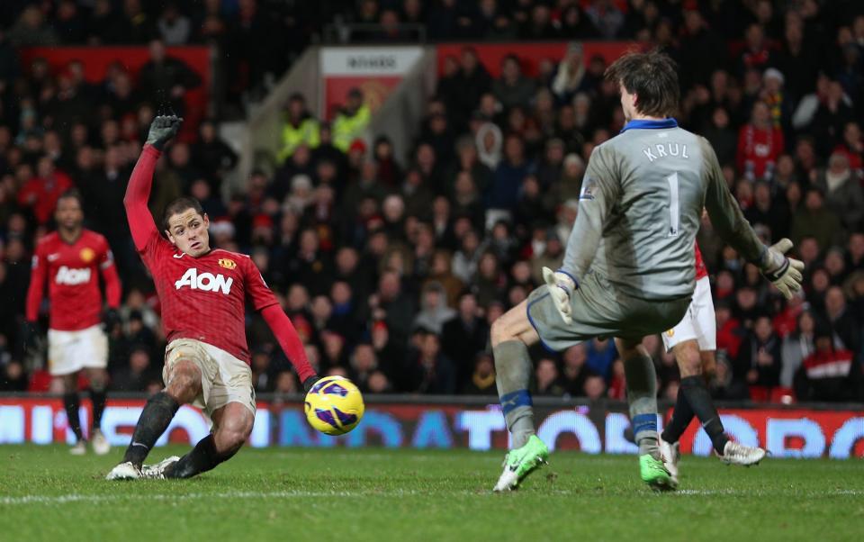 MANCHESTER, ENGLAND - DECEMBER 26: Javier Hernandez of Manchester United scores the winning goal past Tim Krul of Newcastle United during the Barclays Premier League match between Manchester United and Newcastle United at Old Trafford December 26, 2012 in Manchester, England. (Photo by Clive Brunskill/Getty Images)