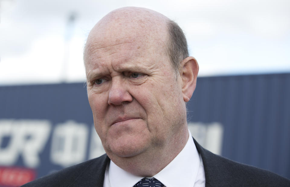 Rupert Soames, CEO of Serco, attends the departure ceremony of the first freight train to transport goods from the UK to Yiwu in the eastern Chinese province of Zhejiang, from DP World London Gateway's rail freight depot in Corringham, east of London, on April 10, 2017. The first freight train from Britain to China departed from DP World London Gateway's freight terminal Monday, on an 18-day, 12,000-kilometre (7,450-mile) intercontinental journey to Jiwu in China. London is the 15th city to be linked to a new freight network offered by the state-run China Railway Corporation, which is billed as cheaper than air transport and quicker than shipping. / AFP PHOTO / Isabel Infantes        (Photo credit should read ISABEL INFANTES/AFP via Getty Images)