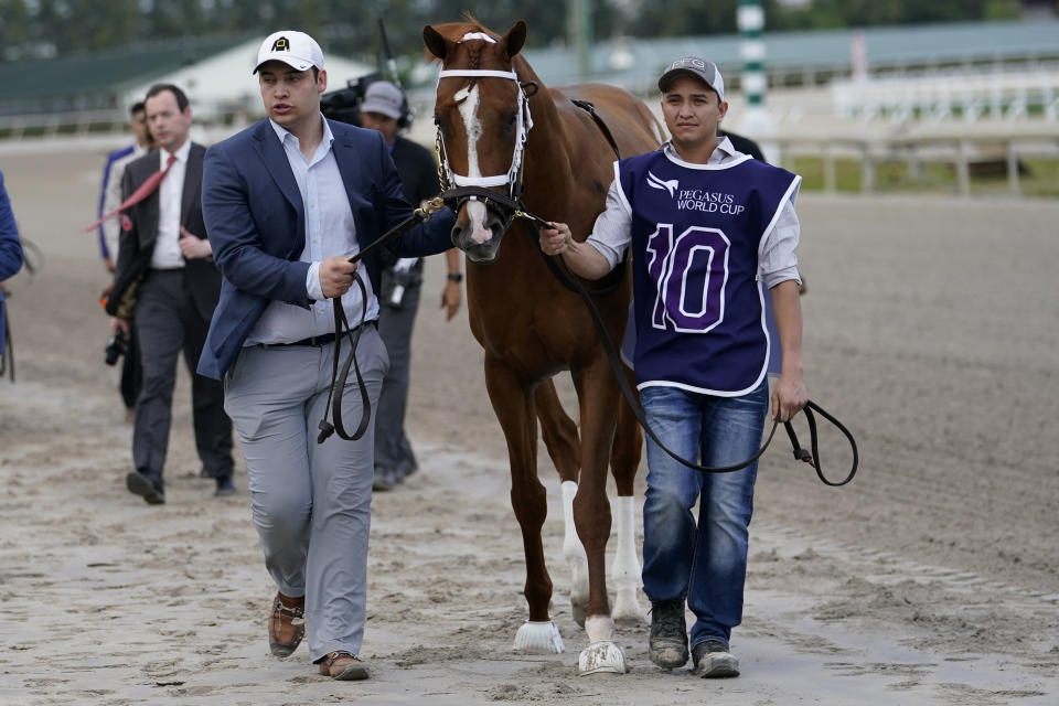 Trainer Brad Cox, left, walks with the Cyberknife before the Pegasus World Cup Invitational horse race, Saturday, Jan. 28, 2023, at Gulfstream Park in Hallandale Beach, Fla. (AP Photo/Lynne Sladky)