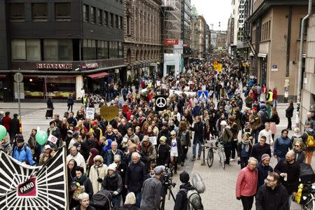 People demonstrate against racism and fascism in Helsinki, Finland on September 24, 2016. A man who took exception to a neo-Nazi demonstration in central Helsinki on September 10 died a week after he was assaulted at the demonstration. Roni Rekomaa/Lehtikuva/via REUTERS