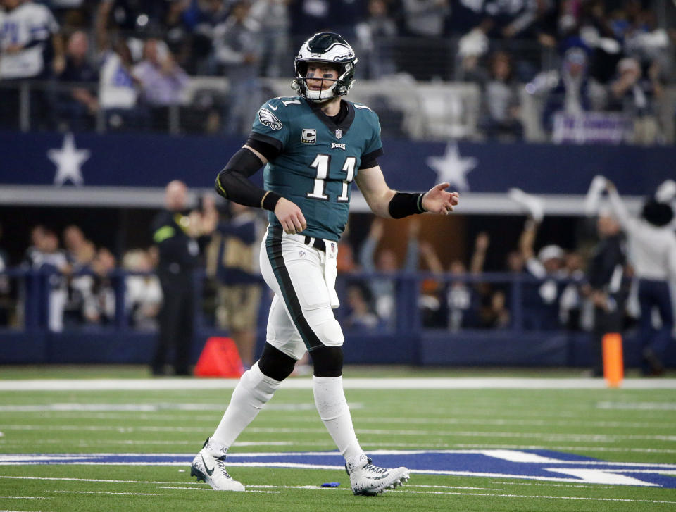 Philadelphia quarterback Carson Wentz will not play against the Rams on Sunday with a fractured vertebra. (AP Photo/Michael Ainsworth)