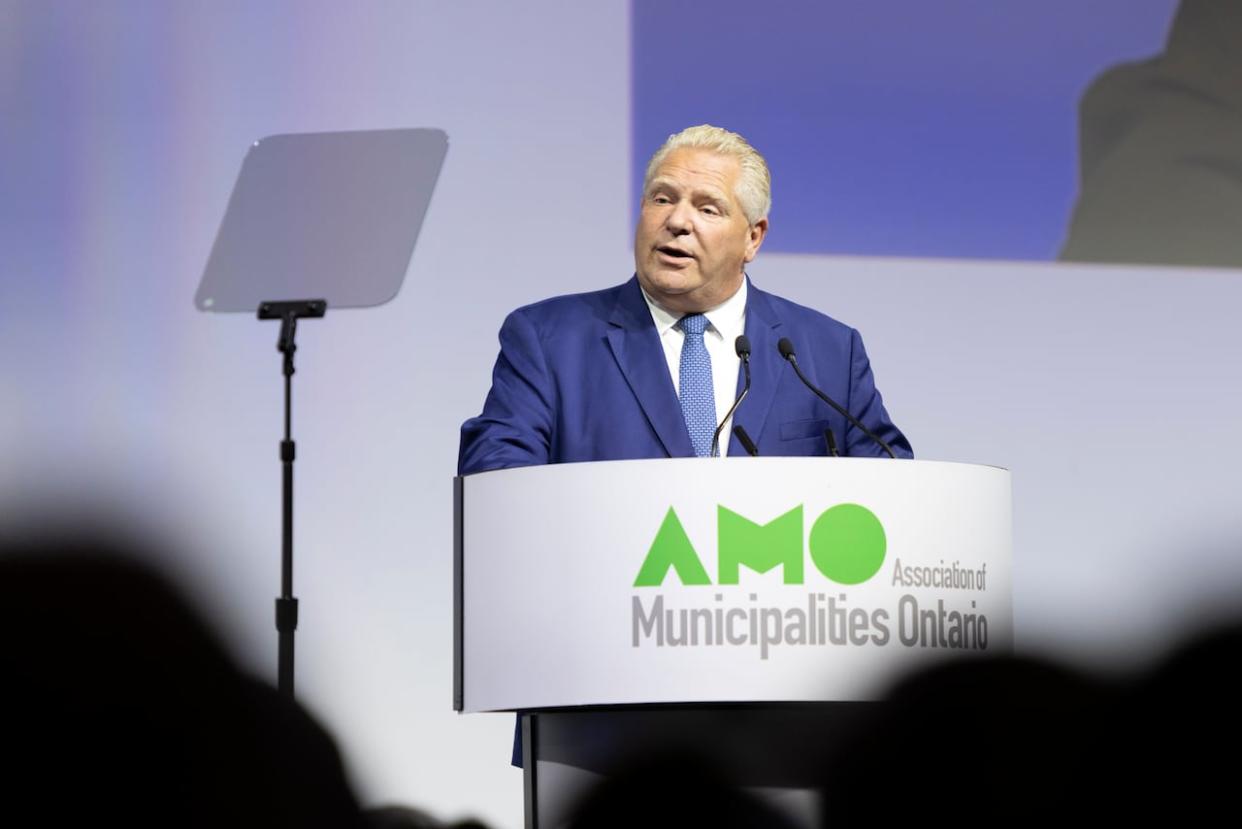 Premier Doug Ford speaks at the Association of Municipalities of Ontario Conference at RBC Place in London, Ont. on Monday. (Nicole Osborne/The Canadian Press - image credit)