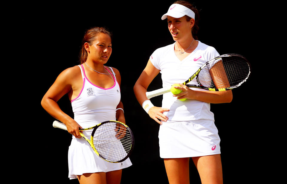 Tara Moore and doubles partner Johanna Konta, pictured here at Wimbledon in 2014.