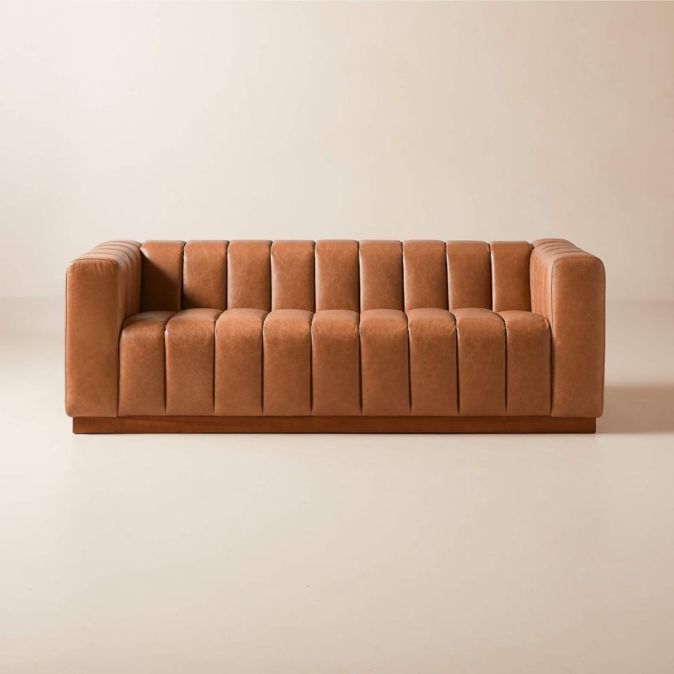 <p><a href="https://go.redirectingat.com?id=74968X1596630&url=https%3A%2F%2Fwww.cb2.com%2Fforte-81-channeled-saddle-leather-sofa-with-walnut-base%2Fs529164&sref=https%3A%2F%2Fwww.esquire.com%2Flifestyle%2Fg42217798%2Fbest-leather-sofas%2F" rel="nofollow noopener" target="_blank" data-ylk="slk:Shop Now;elm:context_link;itc:0;sec:content-canvas" class="link ">Shop Now</a></p><p>Strato 80-Inch Leather Sofa</p><p>$2799.00</p>