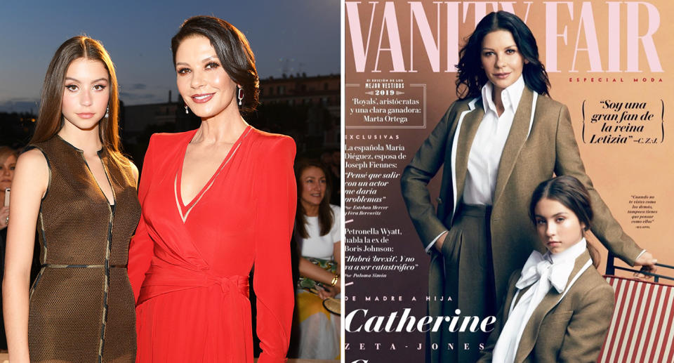 Catherine Zeta-Jones and Carys Douglas at the Fendi Couture Fall Winter 2019/2020 Show (left) and starring on the front of Vanity Fair Spain. [Photo: Getty/Instagram]