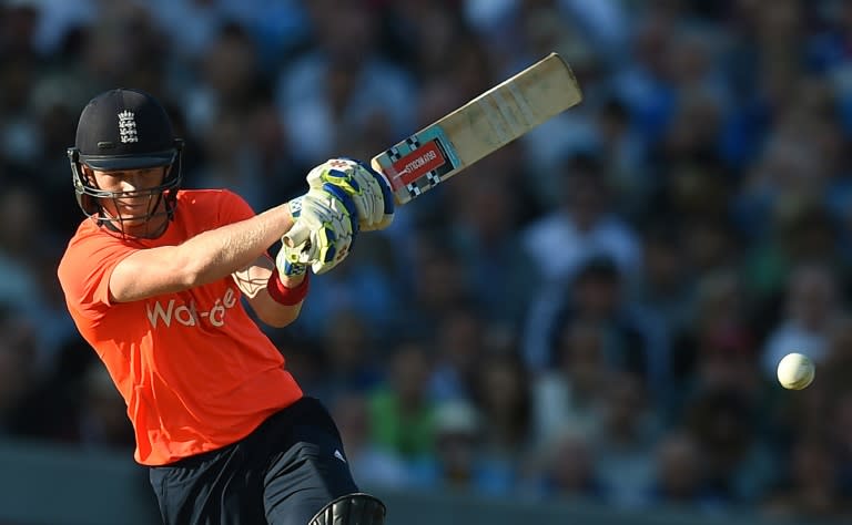 England's Joe Root hits a shot during the Twenty20 (T20) international cricket match between England and New Zealand at Old Trafford in north west England on June 23, 2015