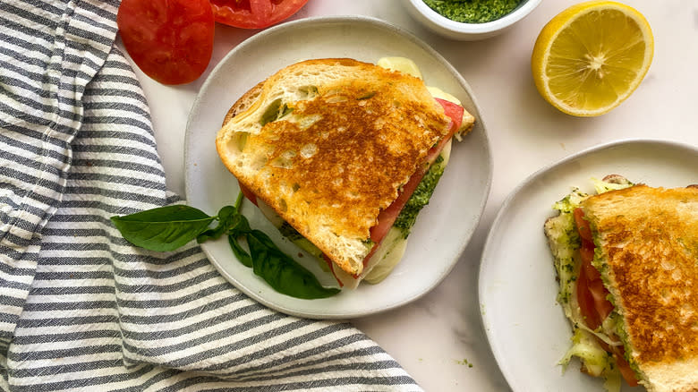 Grilled pesto and mozzarella sandwich