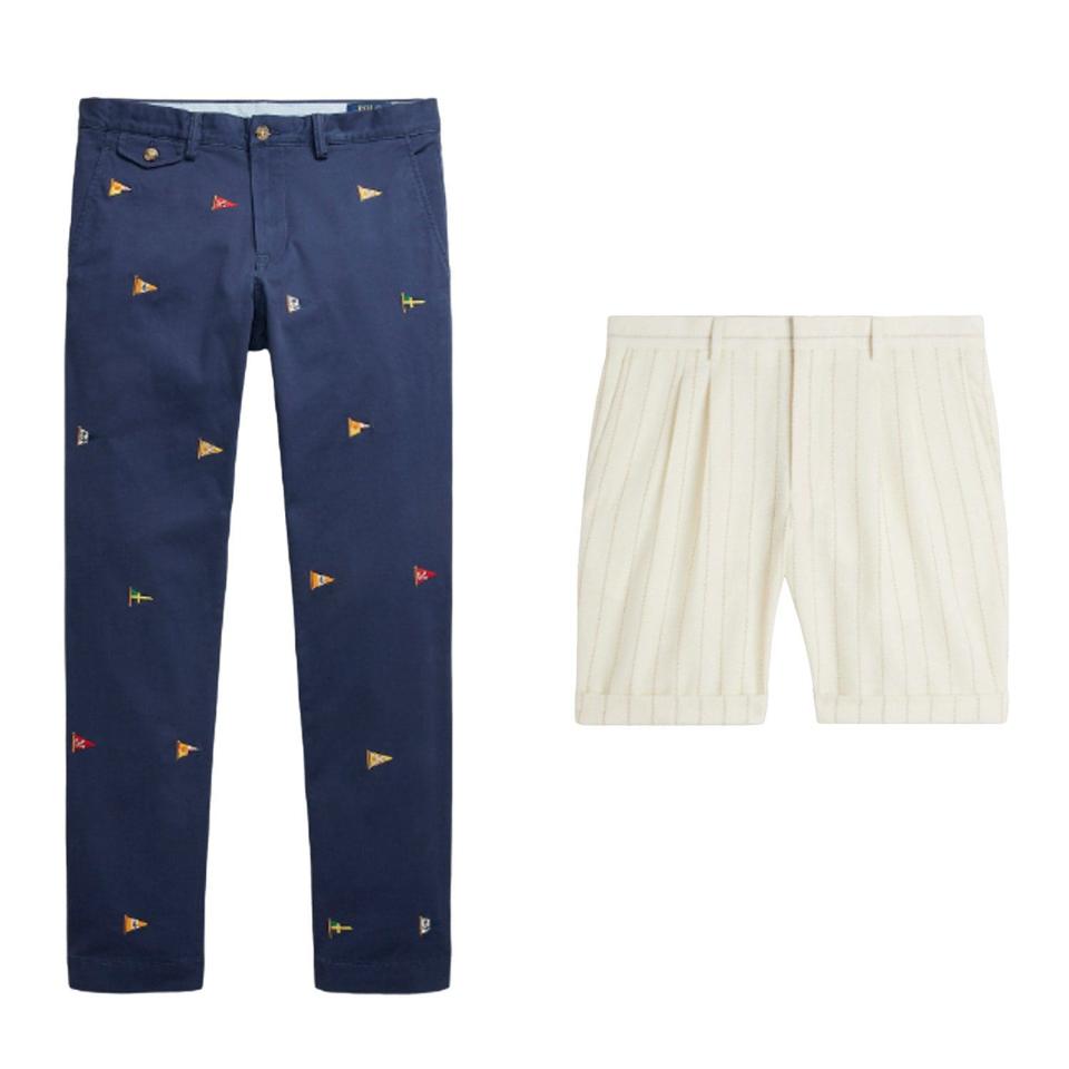 Embroidered Slim-Fit Chinos, £169, Ralph Lauren;  Ecru camel shorts, £17.95, moss