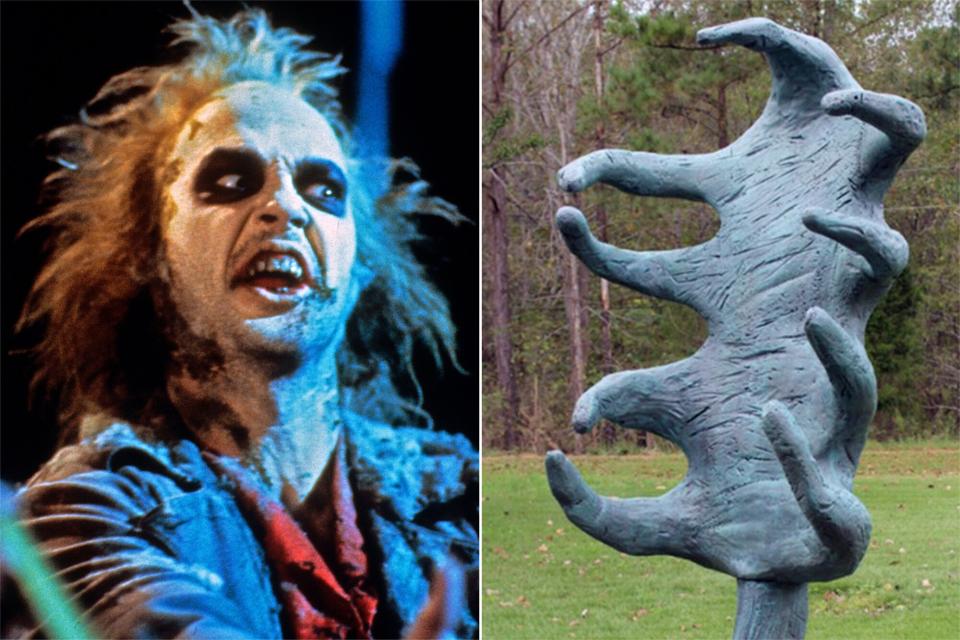 Michael Keaton in 'Beetlejuice'; a sculpture stolen from the set of 'Beetlejuice 2'