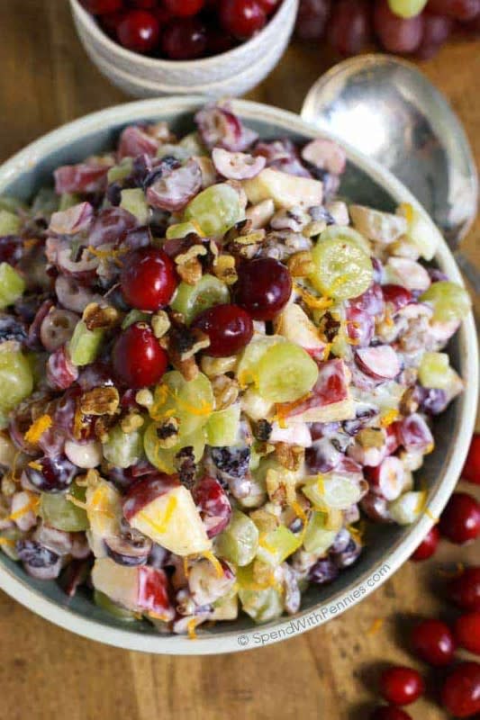 <p>Spend With Pennies</p><p>Fresh tart cranberries, juicy grapes, raisins and crisp fresh apples make this delicious twist on retro Waldorf salad a new fall favorite!</p><p><strong>Get the recipe:</strong> <a href="https://www.spendwithpennies.com/cranberry-waldorf-salad/" rel="nofollow noopener" target="_blank" data-ylk="slk:Cranberry Waldorf Salad;elm:context_link;itc:0;sec:content-canvas" class="link rapid-noclick-resp"><strong>Cranberry Waldorf Salad</strong></a></p>