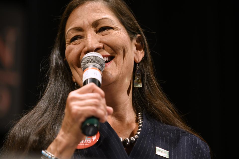 Rep. Deb Haaland (D-NM) speaks at the Frank LaMere Native American Presidential Forum on August 19, 2019 in Sioux City, Iowa.