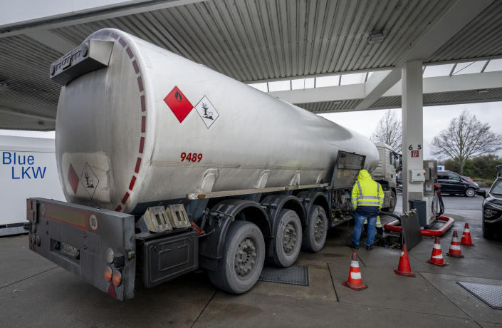 Diesel and other fuel is delivered to a gas station in Frankfurt, Germany, Friday, Jan. 27, 2023. A European ban on imports of diesel fuel and other products made from crude oil in Russian refineries takes effect Feb. 5. The goal is to stop feeding Russia's war chest, but it's not so simple. Diesel prices have already jumped since the war started on Feb. 24, and they could rise again. (AP Photo/Michael Probst)