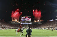 Fireworks light up Doak Campbell Stadium before an NCAA college football game between Florida State and Southern Mississippi, Saturday, Sept. 9, 2023, in Tallahassee, Fla. (AP Photo/Phil Sears)