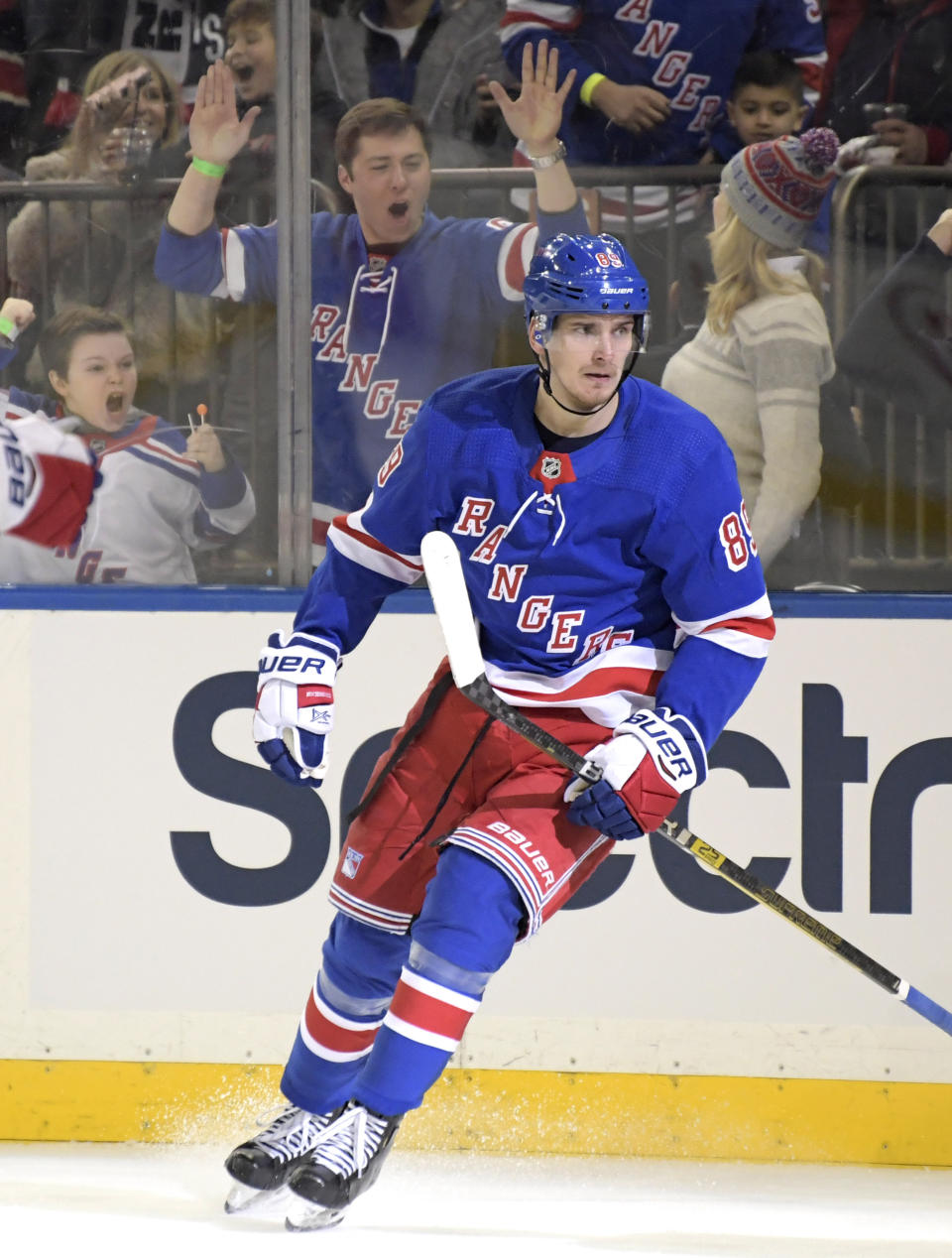 New York Rangers right wing Pavel Buchnevich (89) celebrates his goal during the second period of an NHL hockey game against the Washington Capitals Sunday, March 3, 2019, at Madison Square Garden in New York. (AP Photo/ Bill Kostroun)