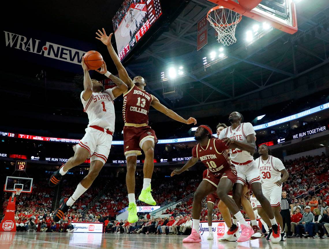 N.C. State’s Jayden Taylor drives to the basket against Boston College’s Donald Hand Jr. during the second half of the Wolfpack’s 81-70 win on Saturday, Feb. 24, 2024, at PNC Arena in Raleigh, N.C. Kaitlin McKeown/kmckeown@newsobserver.com