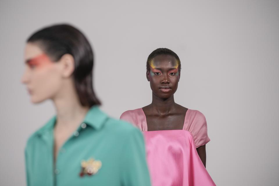 A model wears a creation as part of the Alexis Mabille Haute Couture Spring-Summer 2023 collection presented in Paris, Tuesday, Jan. 24, 2023. (AP Photo/Christophe Ena)