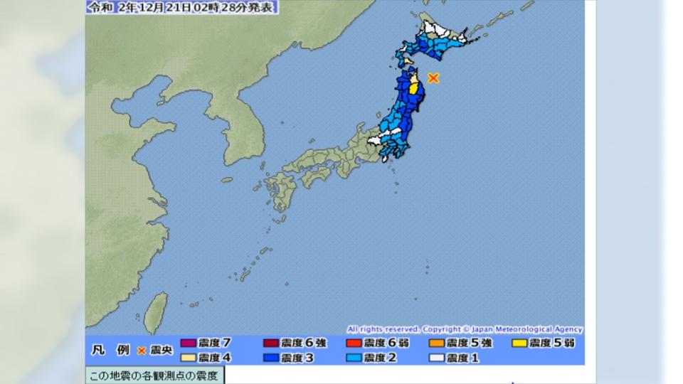 日本青森外海發生強震。（圖／翻攝自日本氣象局）