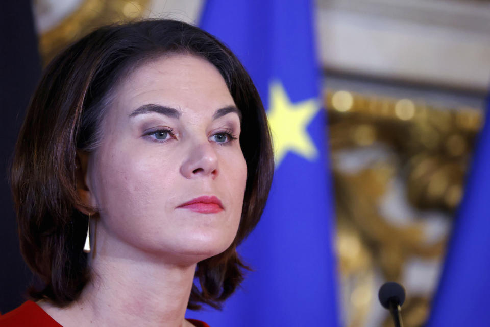 New elected German Foreign minister Annalena Baerbock attends a press conference after a meeting with his French counterpart Jean-Yves Le Drian, at the Quai d'Orsay, in Paris, Thursday, Dec. 9, 2021. (Gonzalo Fuentes, Pool Photo via AP)