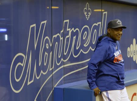 Apr 1, 2016; Montreal, Quebec, CAN; Montreal Expos former player and now a Toronto Blue Jays base running instructor Tim Raines before the game between the Boston Red Sox and the Blue Jays at Olympic Stadium. Mandatory Credit: Eric Bolte-USA TODAY Sports - RTSD7LA