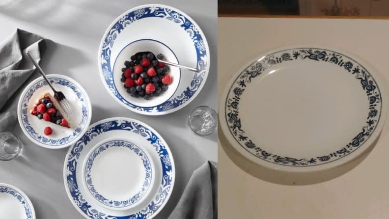 One of Corelle's original Livingware patterns Old Town Blue (at right), came out in 1972 and my mother has been using it ever since. Corelle's current True Blue pattern (at left) is a contemporary take on this classic.