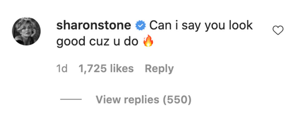 Sharon Stone's reply on Jonah Hill's Instagram post. (jonahhill/ Instagram)