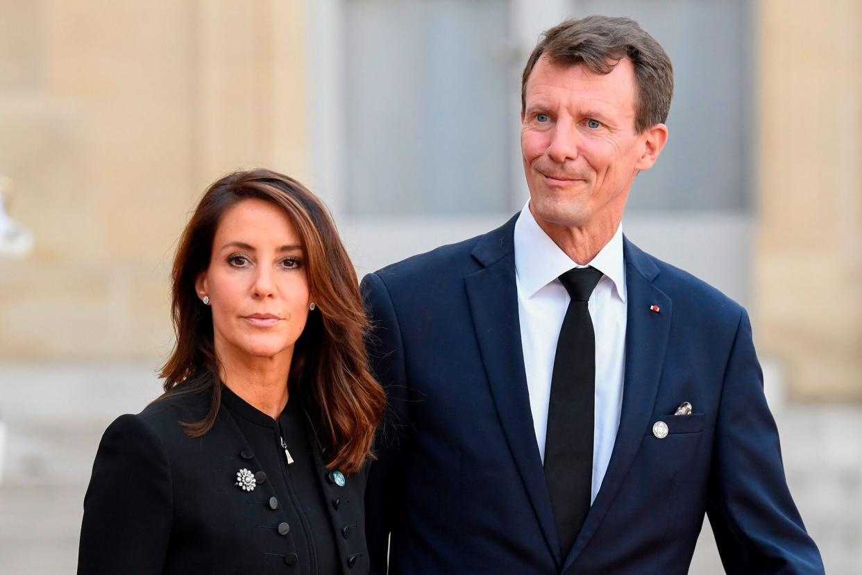 Prince Joachim (R) and Princess Marie of Denmark look on as they leave The Elysee Presidential Palace in Paris on September 30, 2019, following a luncheon after a church service for former French President Jacques Chirac. - Former French President Jacques Chirac died on September 26, 2019 at the age of 86.