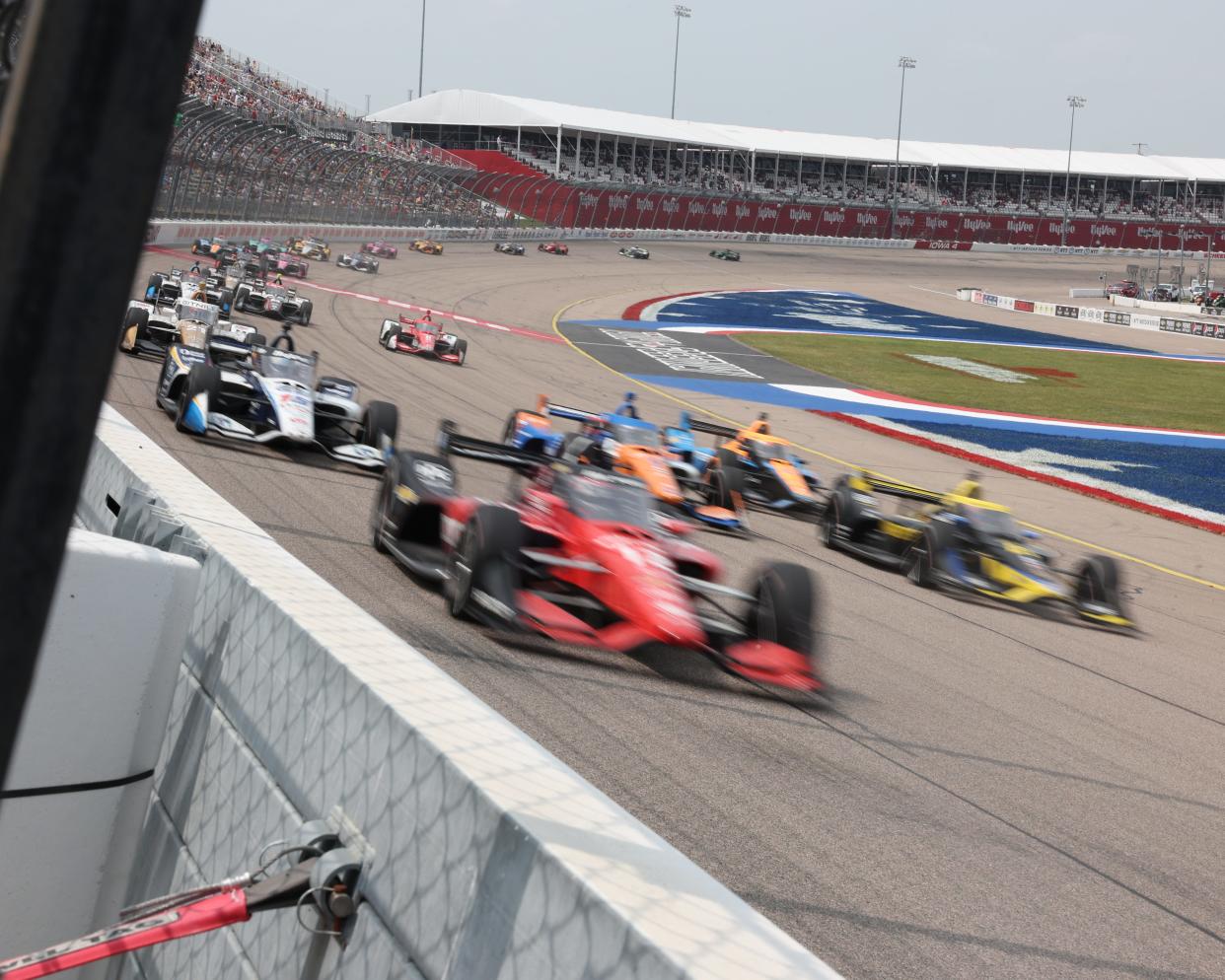 Verizon Team Penske driver Will Power leads the pack at the Hy-Vee One Step 250 at the Iowa Speedway on Sunday in Newton.