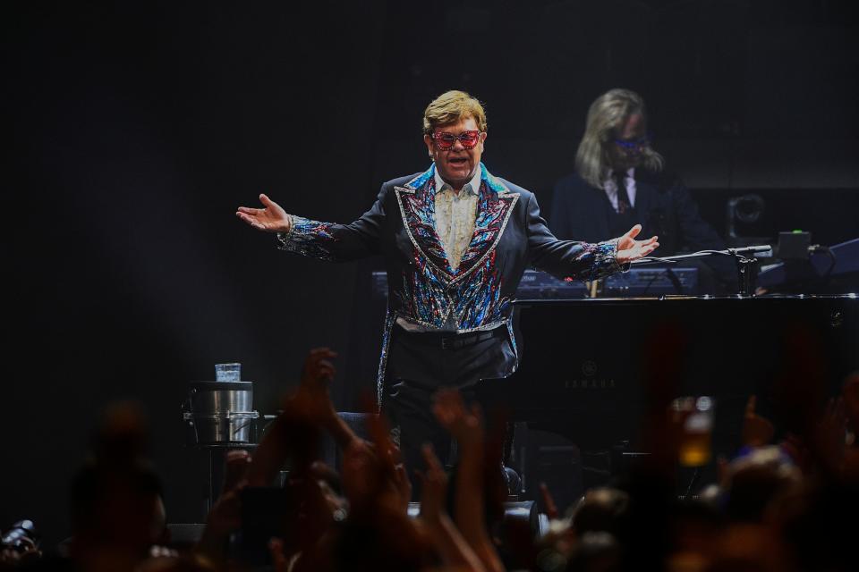Elton John performs at the final leg of his Farewell Yellow Brick Road tour in Stockholm, Saturday, July 8, 2023.