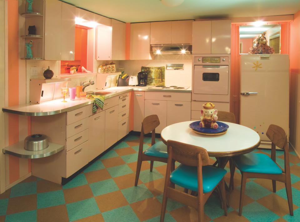 The retro kitchen in a suite at Kate's Lazy Meadow.