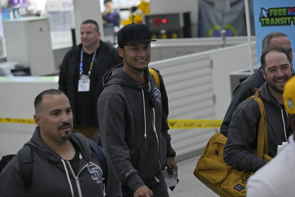 San Diego Padres player Yu Darvish arrives at the Incheon International Airport In Incheon, South Korea, Friday, March 15, 2024. (AP Photo/Ahn Young-joon)
