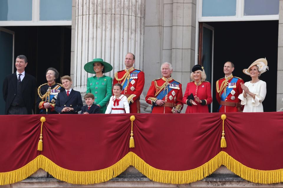 The royal family stands on the balcony of Buckingham Palace for Trooping the Colour in June 2023.