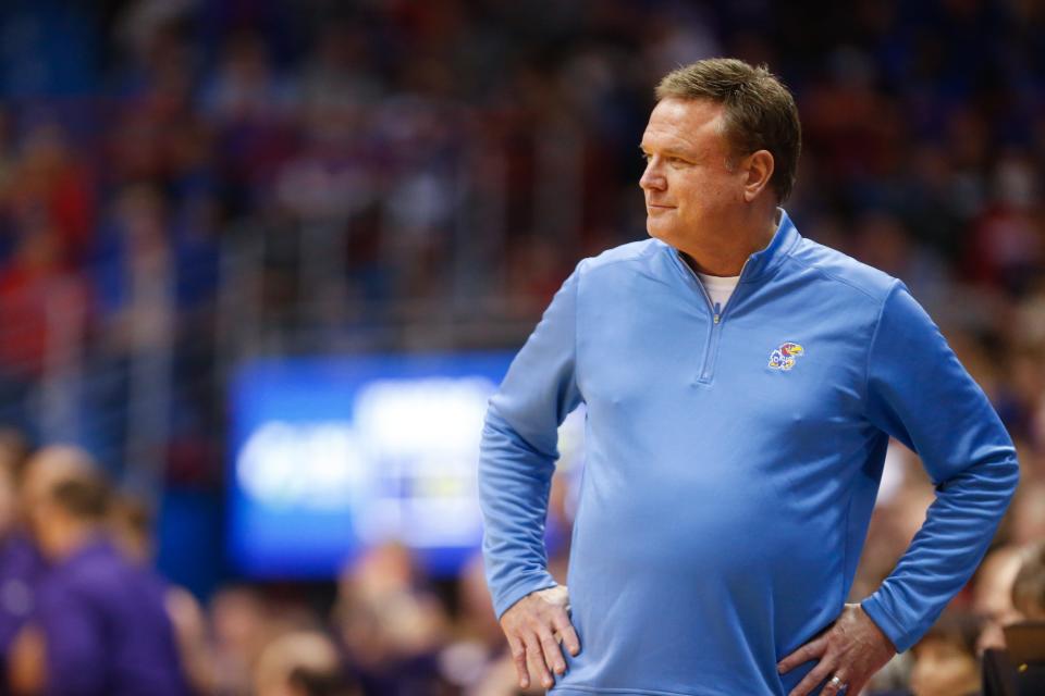 Kansas coach Bill Self watches his team during the second half of Saturday's game inside Allen Fieldhouse.
