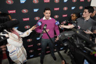 San Francisco 49ers owner Jed York speaks to reporters after a practice at the team's NFL football training facility in Santa Clara, Calif., Friday, Jan. 24, 2020. The 49ers will face the Kansas City Chiefs in Super Bowl 54. (AP Photo/Tony Avelar)