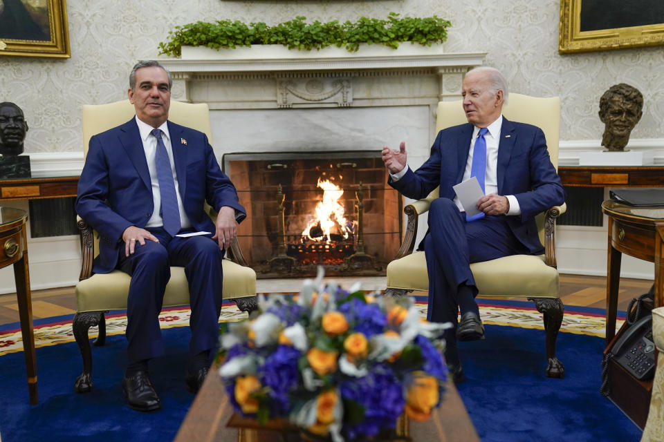 President Joe Biden meets with Dominican Republic's President Luis Abinader in the Oval Office of the White House, Thursday, Nov. 2, 2023, in Washington. (AP Photo/Evan Vucci)