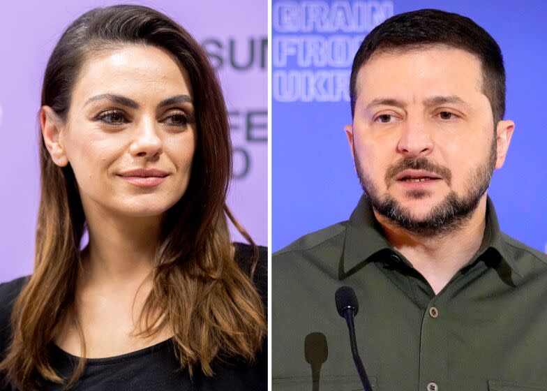 A diptych of Actor Mila Kunis, left, and Ukrainian President Volodymyr Zelenskyy, right.