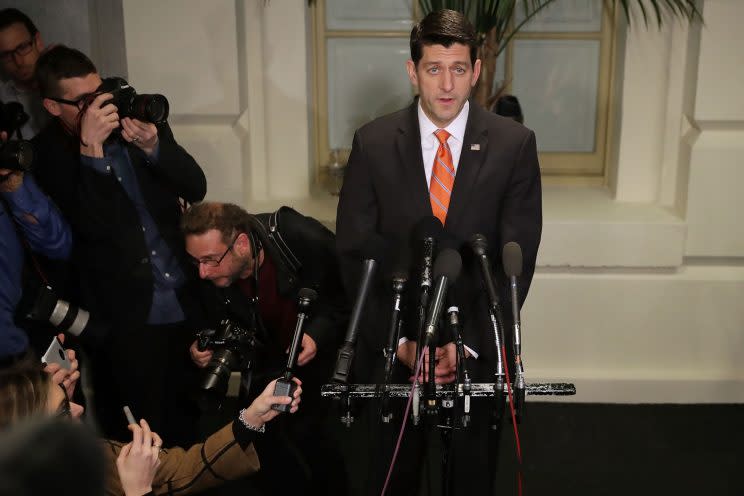 House Speaker Paul Ryan delivers very brief remarks and takes no questions following a Thursday meeting of the House Republican caucus. (Photo: Chip Somodevilla/Getty Images)