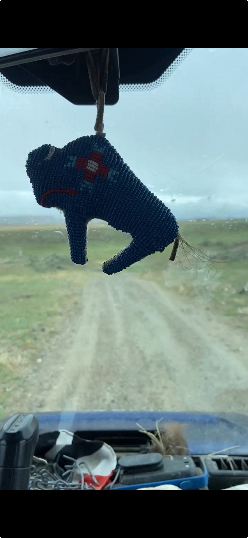 A beaded buffalo dangles from the windshield of a WRTBI side-by-side