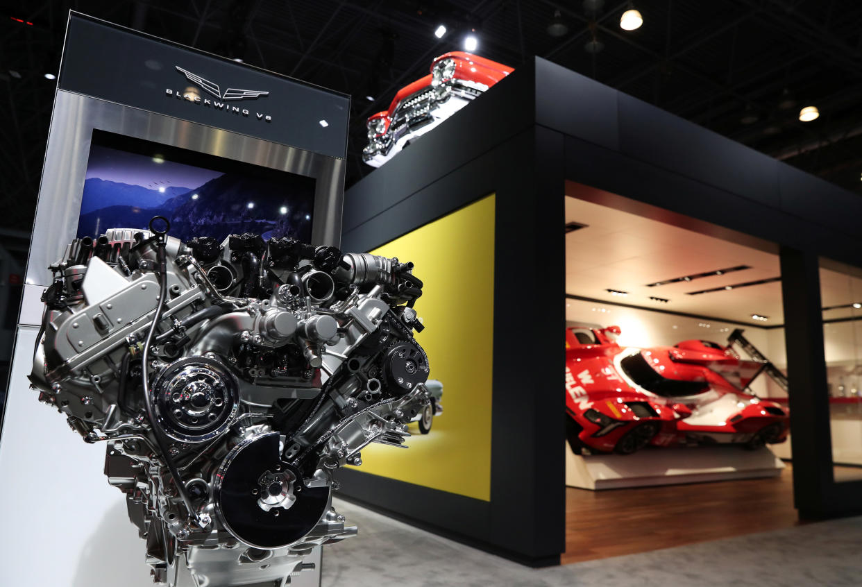 A Cadillac Black Wing V8 engine is pictured at the 2019 New York International Auto Show in New York City, New York, U.S, April 17, 2019. REUTERS/Shannon Stapleton