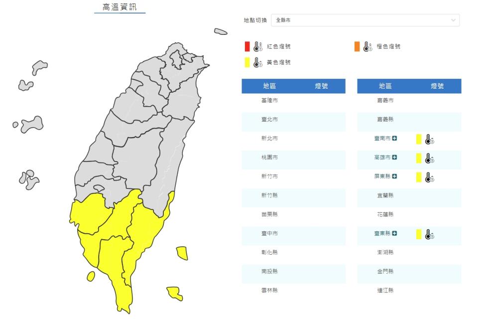 高溫資訊。（圖取自中央氣象署網站）