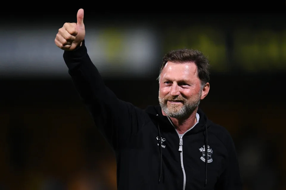 CAMBRIDGE, ENGLAND - AUGUST 23: Ralph Hasenhuttl, Manager of Southampton acknowledges the fans at full-time after the Carabao Cup Second Round match between Cambridge United and Southampton at Abbey Stadium on August 23, 2022 in Cambridge, England. (Photo by Alex Burstow/Getty Images)