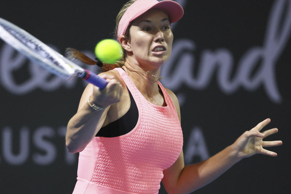 Danielle Collins of the U.S. plays a shot in her match against Lin Zhu of China during the Brisbane International tennis tournament in Brisbane, Australia, Wednesday, Jan. 3, 2024. (AP Photo/Tertius Pickard)