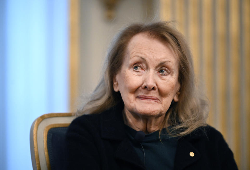 French writer Annie Ernaux, winner of the 2022 Nobel Prize in Literature, attends a press conference, in Stockholm, Tuesday, Dec. 6, 2022. The Nobel prize recipients, all but the Peace Prize which is handed out in neighboring Norway, will receive the coveted awards during a ceremony Saturday at the Stockholm Concert Hall attended by Sweden’s royal family. (Anders Wiklund/TT News Agency via AP)