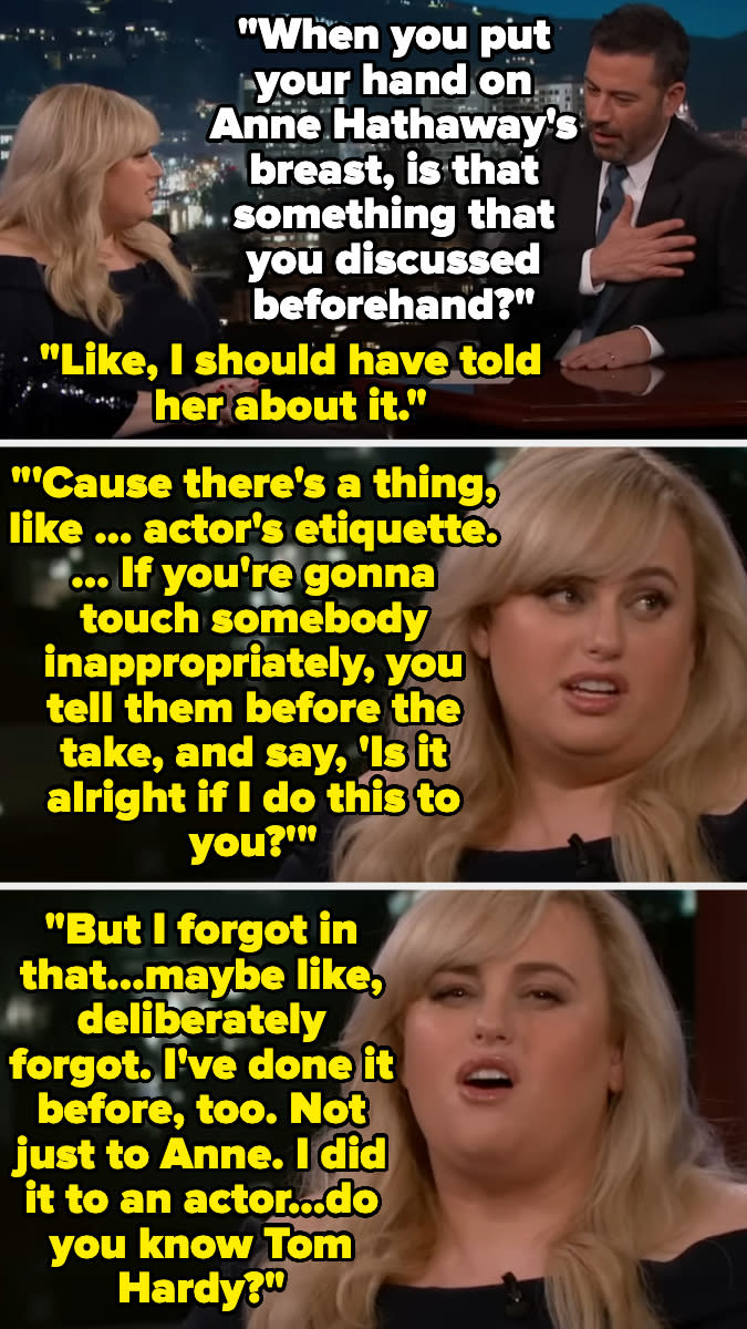 Rebel Wilson and James Corden on a talk show discussing actor etiquette, including an incident involving Anne Hathaway. Rebel expresses regret over not informing Anne beforehand