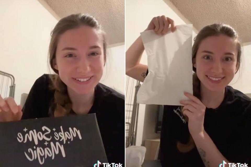 Left: A young woman shows a tissue box smiling Right: The woman holds up an oversized tissue next to her head