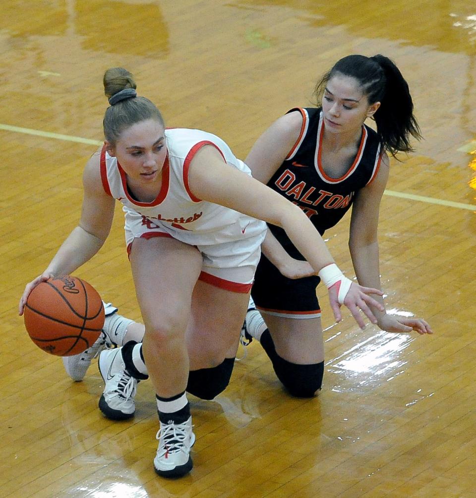 Buckeye Central Claudia Pifher comes up with this loose ball over Dalton Ella Lunsford.